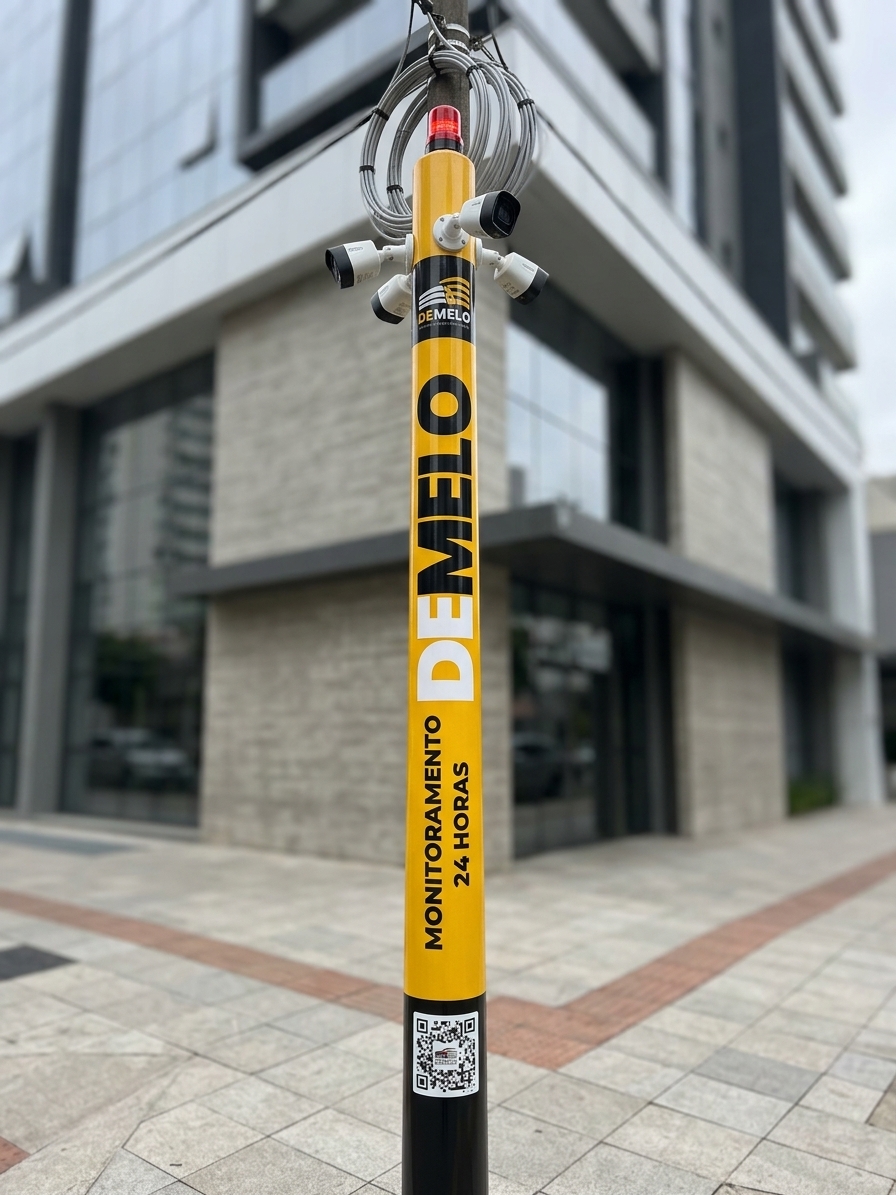 Poste de monitoramento Grupo DEMELO instalado na calçada, com câmeras e sinalizador ativos